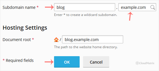 Plesk add subdomain form showing subdomain name, domain and document root