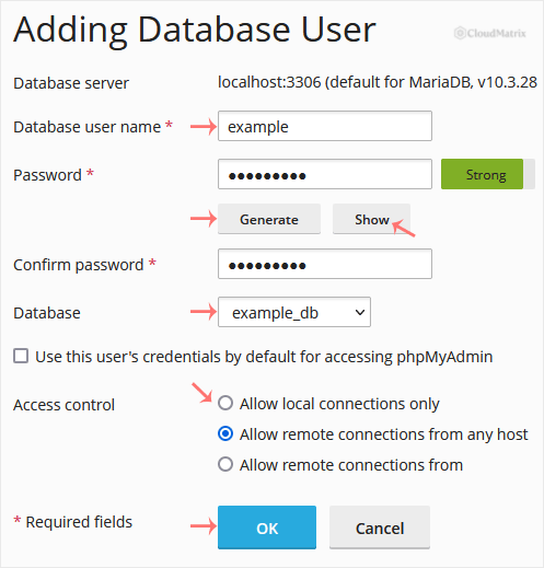 Adding Database User form in Plesk showing user name, password, database and access control fields