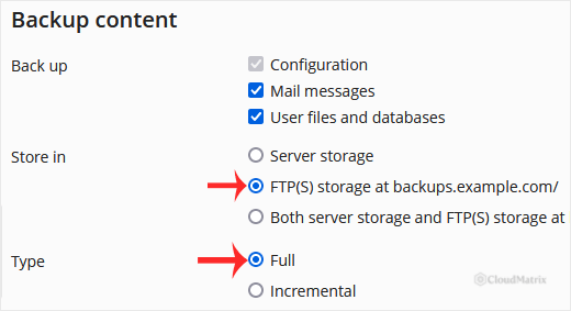 Plesk backup type options with the full backup choice selected