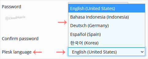 The Interface language drop-down menu in the Plesk profile