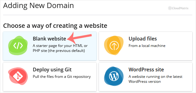The Add a Domain screen with the Blank Website option chosen
