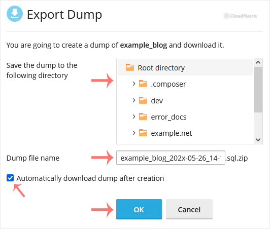 The Plesk Export Dump dialogue showing the storage directory and the automatic download option