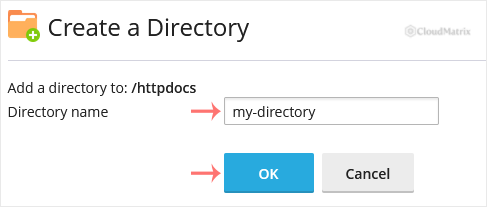 Entering a new directory name in the Plesk File Manager