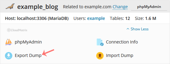 The Export Dump button for a selected database in Plesk