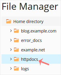 httpdocs directory shown in the Plesk File Manager