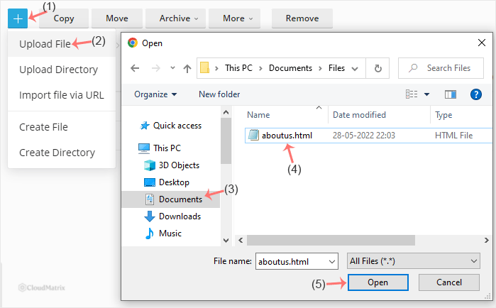 The plus icon with the Upload option in the Plesk File Manager