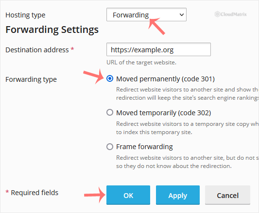 Plesk Forwarding hosting type with destination address and forwarding type fields