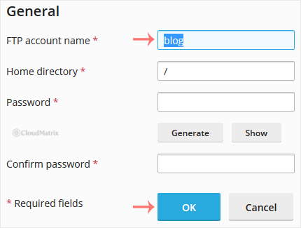 Plesk FTP account settings with a new name entered in the FTP account name field and the OK button
