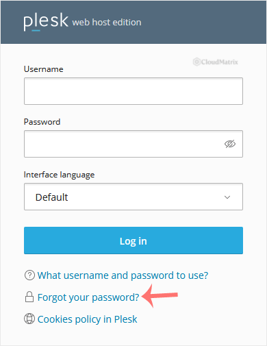 Plesk login page with the Forgot your password link highlighted