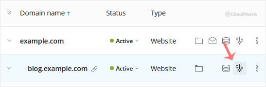 Plesk Hosting Settings icon shown in the subdomain row