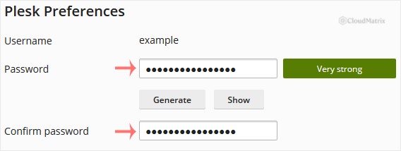 Entering a new password in the Plesk profile page with the Generate button alongside