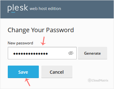 Plesk set new password screen with the Generate button and view password icon