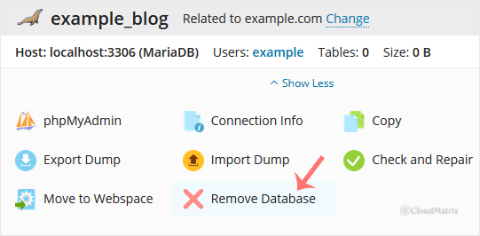 Plesk confirmation prompt for removing a database
