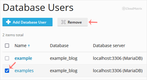 Selecting a database user and clicking Remove in Plesk