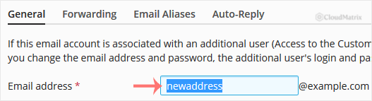 The Email address field in Plesk showing the local part being edited to a new name
