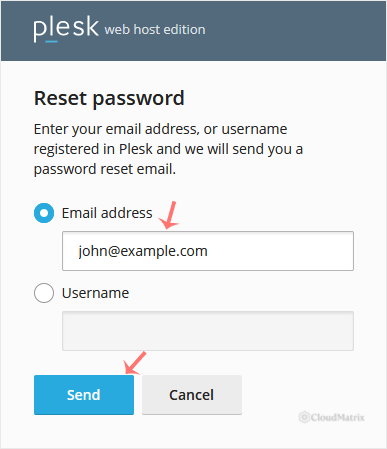 Plesk reset password page showing the email address and username fields