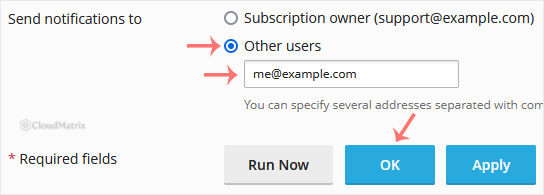 Scheduled task notification settings in Plesk showing the other users option and email address field