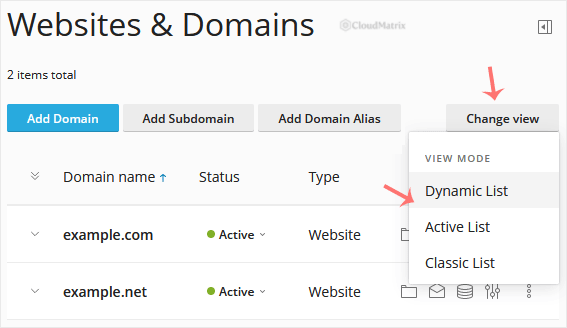 The Change View control on the right of the Websites and Domains page while in Dynamic List view