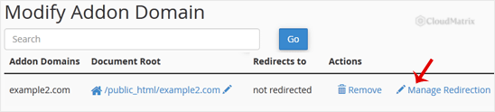 The Manage Redirection link beside an add-on domain in the classic cPanel Addon Domains page