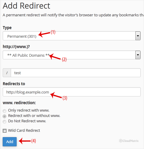 The Add Redirect form in cPanel showing the Type, domain, Redirects to, www redirection, and Wild Card Redirect options