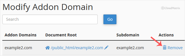 The Modify Addon Domain list with the Remove link for an add-on domain