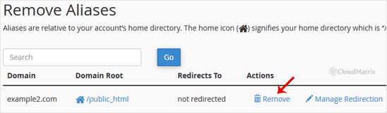 The Remove link next to an alias domain in the cPanel Remove Aliases list