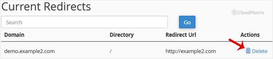 The Current Redirects list in cPanel with the Remove link on a redirect row