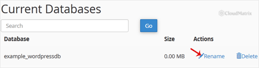 The Rename action beside a database in the Current Databases list