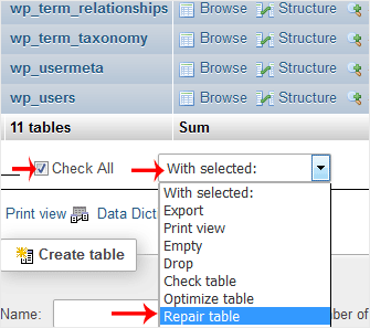 Selecting Check All and choosing Repair table from the With selected drop-down at the bottom of the table list in phpMyAdmin