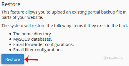 The Restore button on the Backup Wizard start page in cPanel