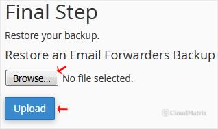 The file selection and Upload controls for restoring a partial backup in cPanel
