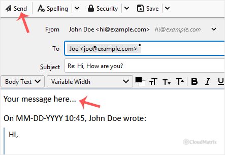 Typing a reply in the Thunderbird compose window and clicking the Send button