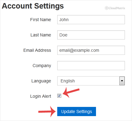 SolusVM Account Settings panel showing the Login Alert checkbox that enables or disables sign-in email notifications