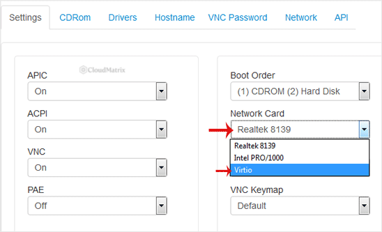 The Settings tab in the SolusVM client area showing the Network Card drop-down menu with the Virtio, Intel PRO and Realtek options