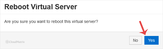 The SolusVM confirmation prompt asking you to confirm the reboot with Yes before the request is sent