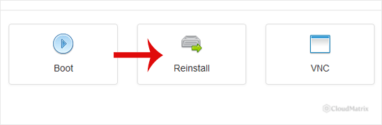 The SolusVM client area control buttons for a virtual server, showing the Reinstall button