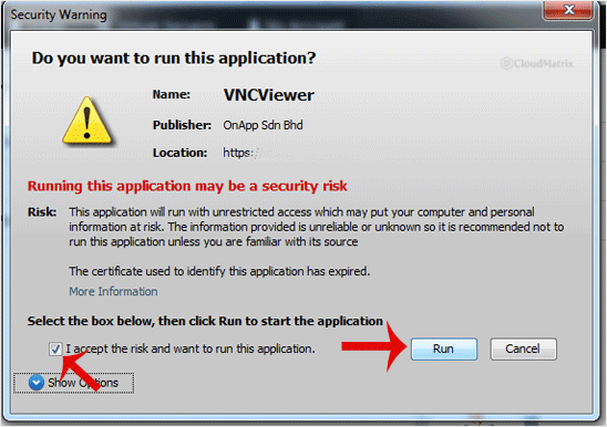 A Java security warning dialogue asking whether to run the VNC applet, with the Run button highlighted