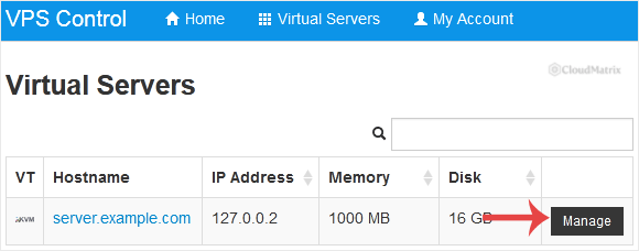 The SolusVM control panel virtual server list, used to select which VPS to work on when the account holds more than one