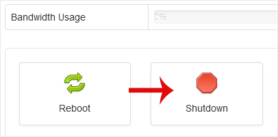 The Shutdown button in the SolusVM client area virtual server control bar