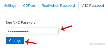 The VNC Password section of the SolusVM virtual server page, with the new password field and the Change button