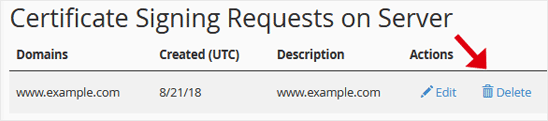 Confirming deletion of a certificate signing request in cPanel