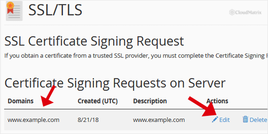 Edit action next to a saved certificate signing request in the cPanel CSR list