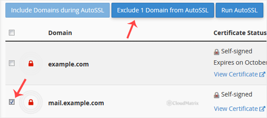 The SSL/TLS Status page with domains selected and the Exclude domains from AutoSSL button highlighted