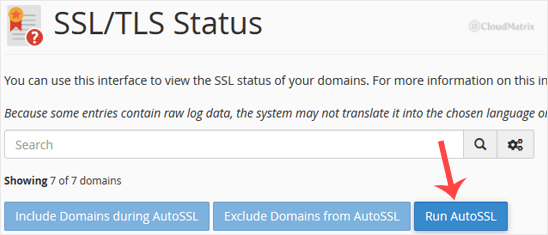 The Run AutoSSL button on the cPanel SSL/TLS Status page, with domains listed below it
