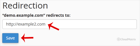 Confirming and saving the subdomain redirect in cPanel.