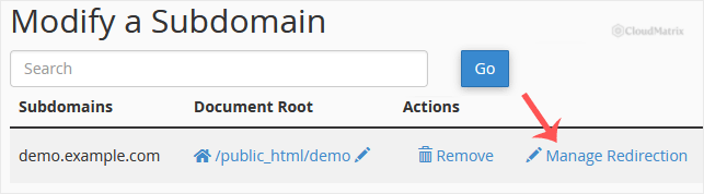The Redirects tool showing the field where you enter the destination web address for the subdomain.