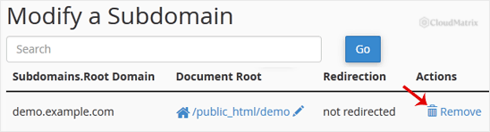 The Remove link in the Actions column of the cPanel subdomain list