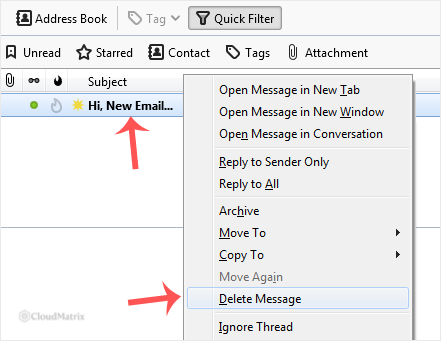 The Thunderbird message list with a message right-clicked and the context menu open, showing the Delete Message option highlighted