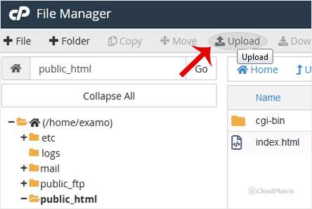 The Upload button in the cPanel File Manager toolbar