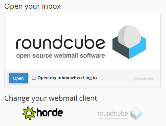 cPanel Webmail application page showing the Roundcube webmail client